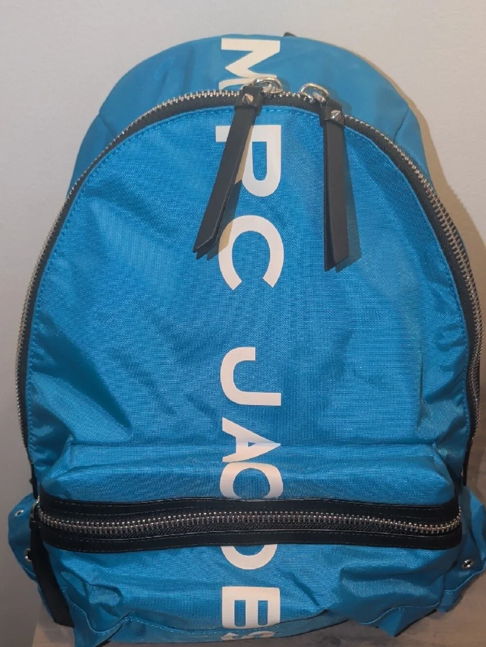 Marc Jacobs Bright Blue Logo Nylon Backpack with White Lettering
